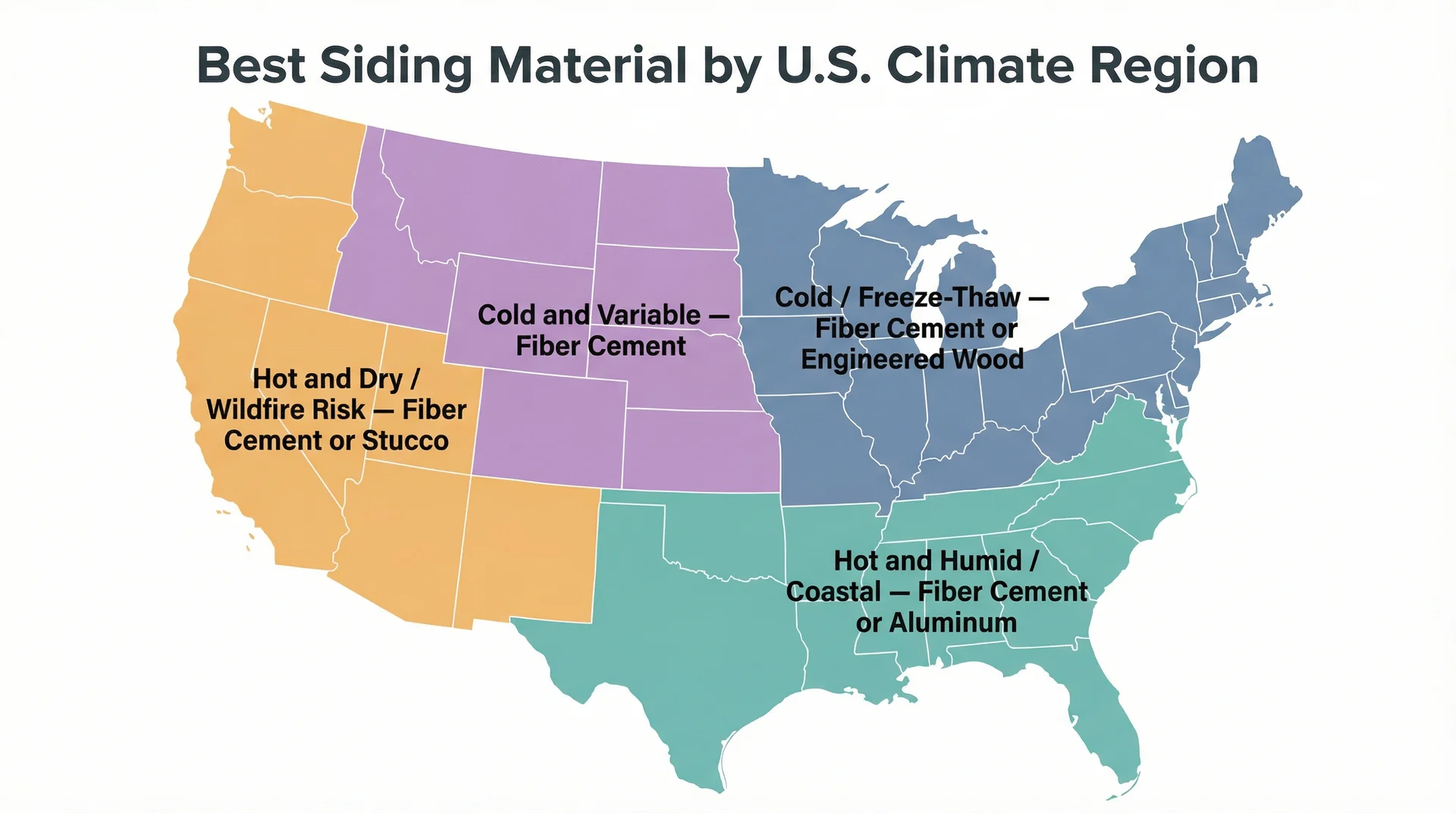 US map infographic showing best siding material by climate region including fiber cement, stucco, aluminum, and engineered wood recommendations