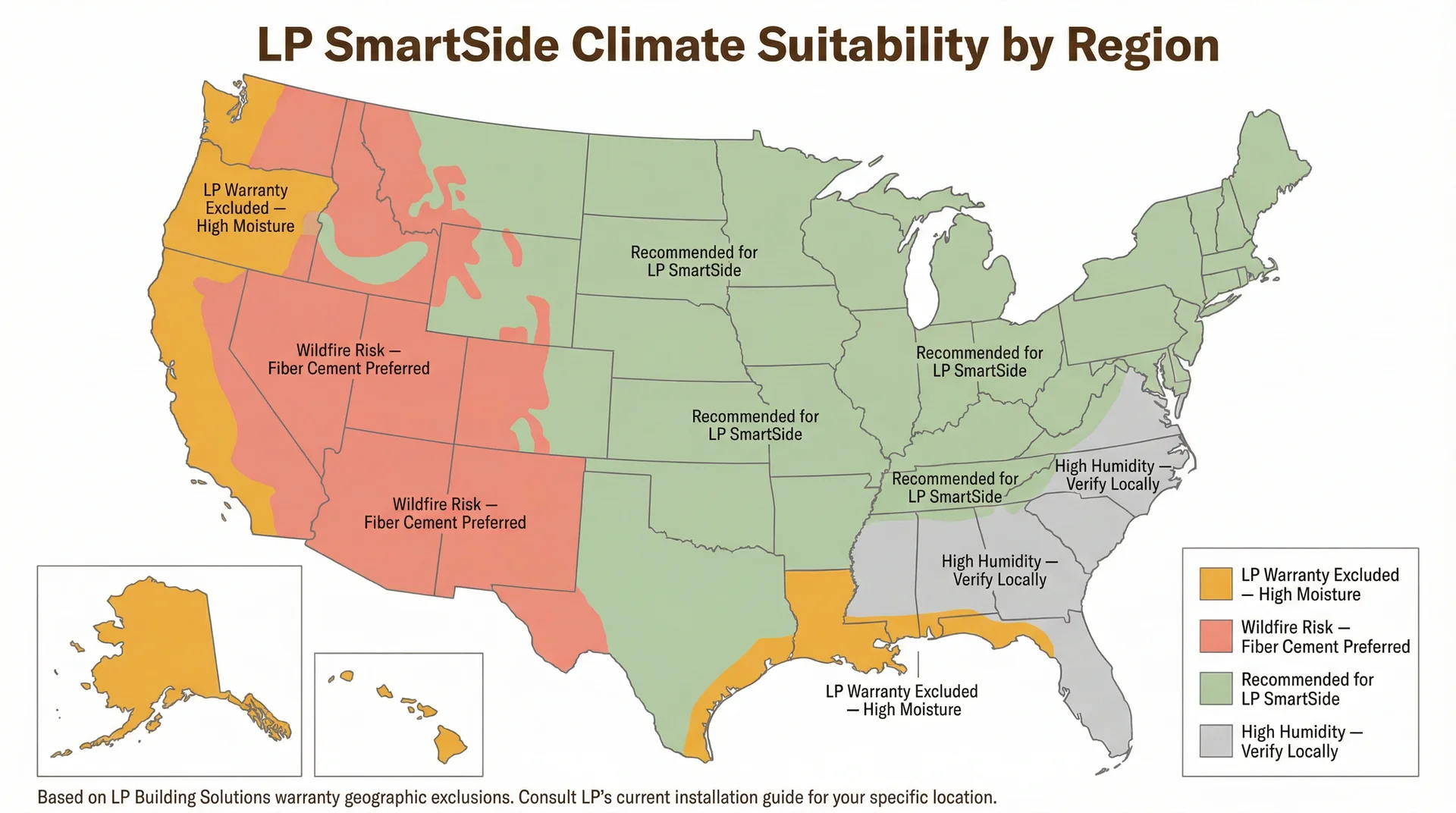 US map showing LP SmartSide climate suitability zones including warranty exclusion regions in the Pacific Northwest