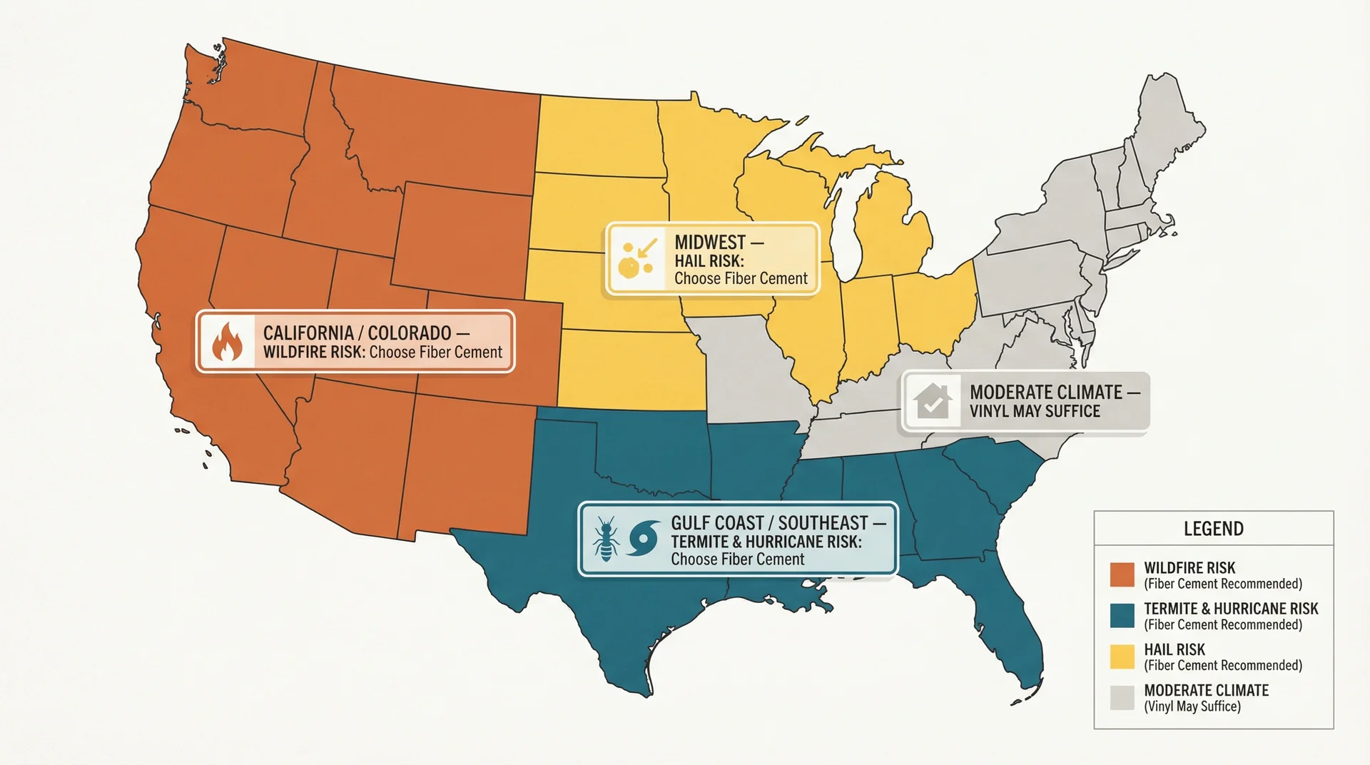 US map showing climate zones where fiber cement is recommended vs. where vinyl may suffice