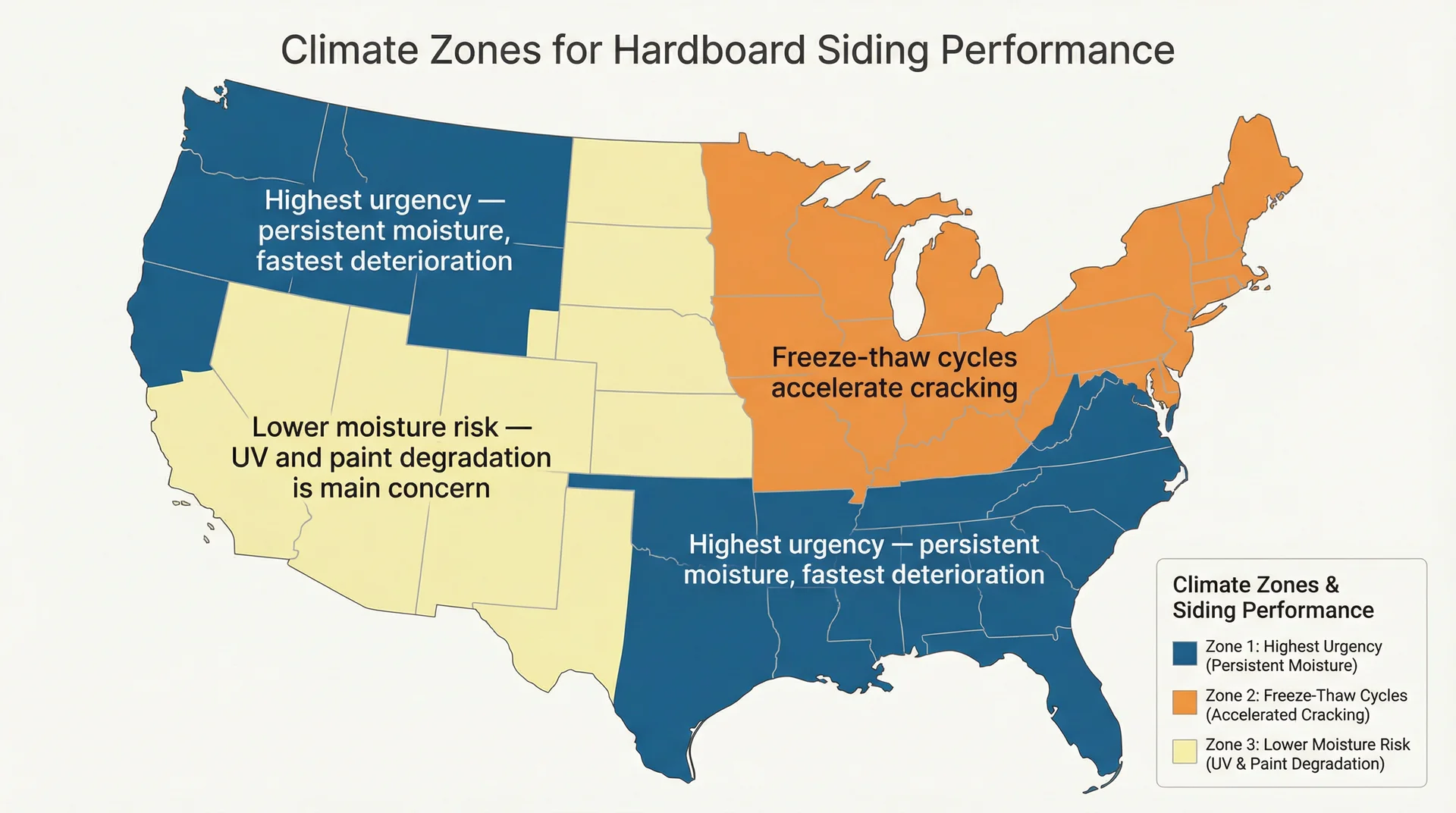 US map showing hardboard siding deterioration urgency by climate zone across three regions