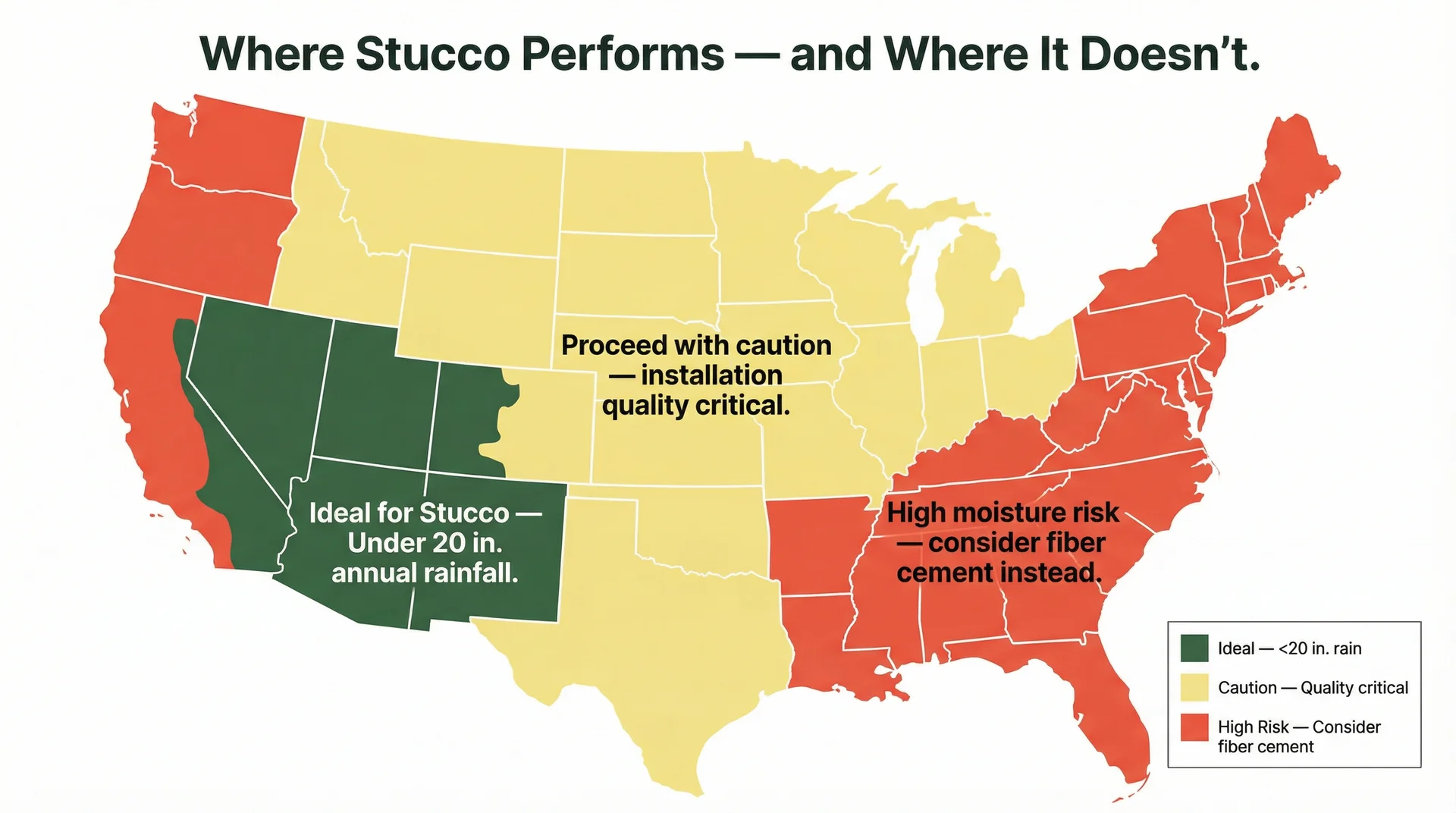 US map showing stucco climate suitability: green for dry Southwest, red for wet Southeast and Pacific Northwest
