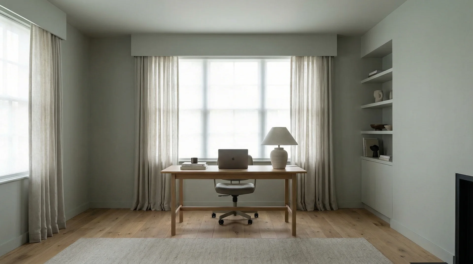 Wall-matched painted cornice board above a home office window blending seamlessly into the surrounding architecture