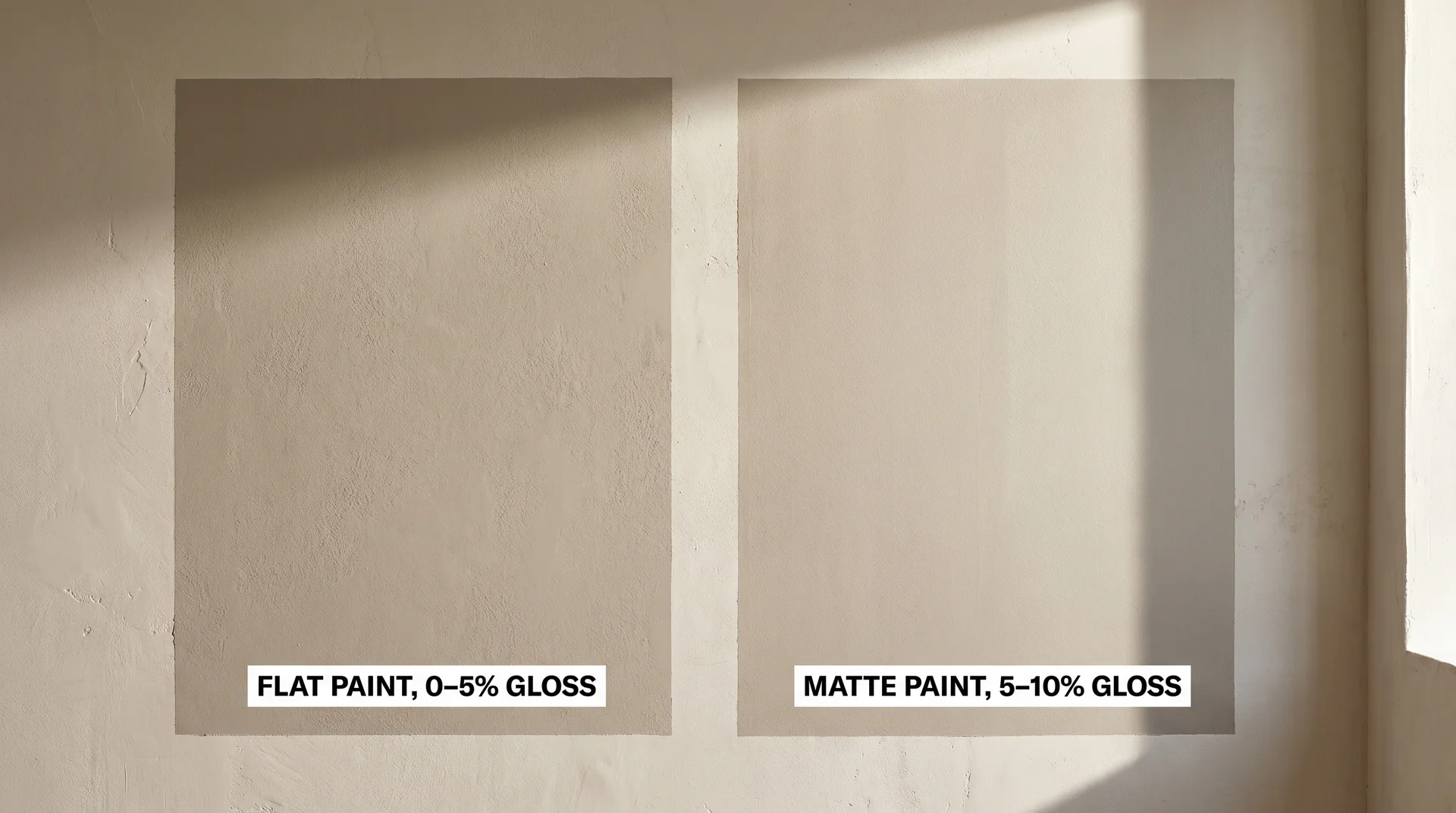 Wall swatches labeled flat paint 0-5% gloss and matte paint 5-10% gloss under raking light to show the sheen difference
