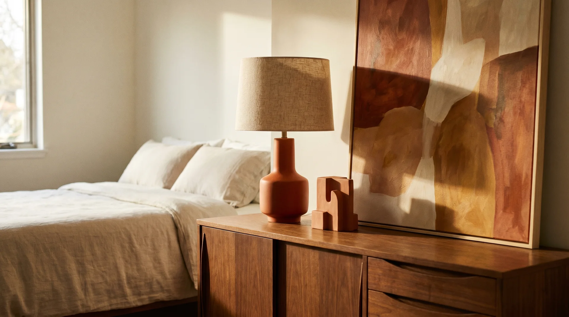 Walnut credenza styled with a burnt orange lamp and abstract earthy art as the colour focal point in a bedroom