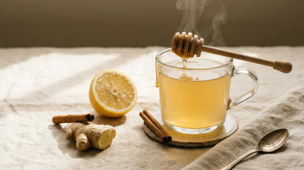 Warm homemade lemonade with honey, fresh lemon, ginger, and cinnamon on a linen surface