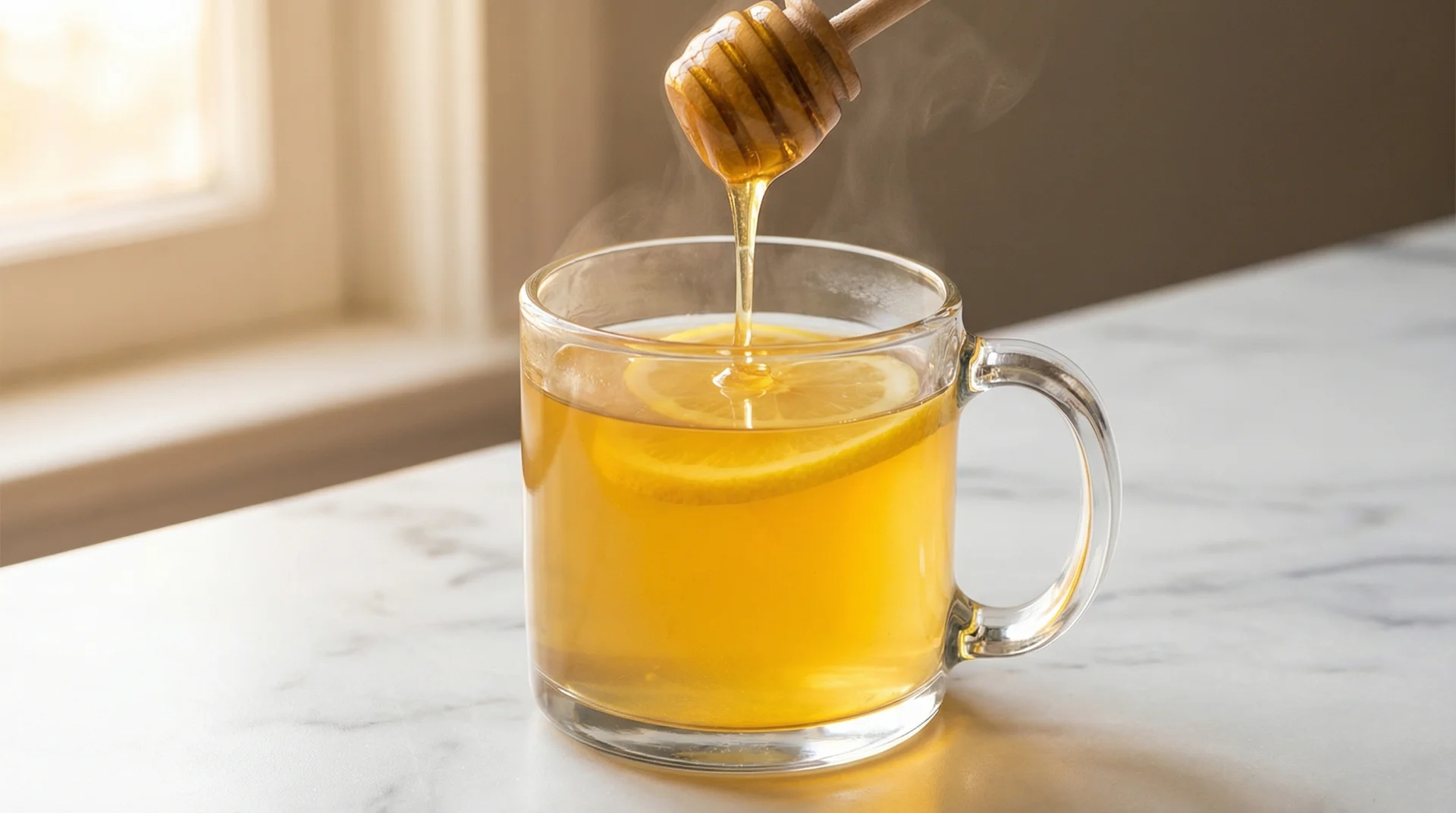Warm honey lemon water with drizzling honey and floating lemon slices, a top sore throat remedy