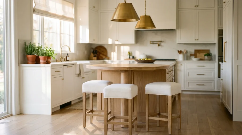 Warm residential kitchen with a natural oak counter height table and three white linen counter stools