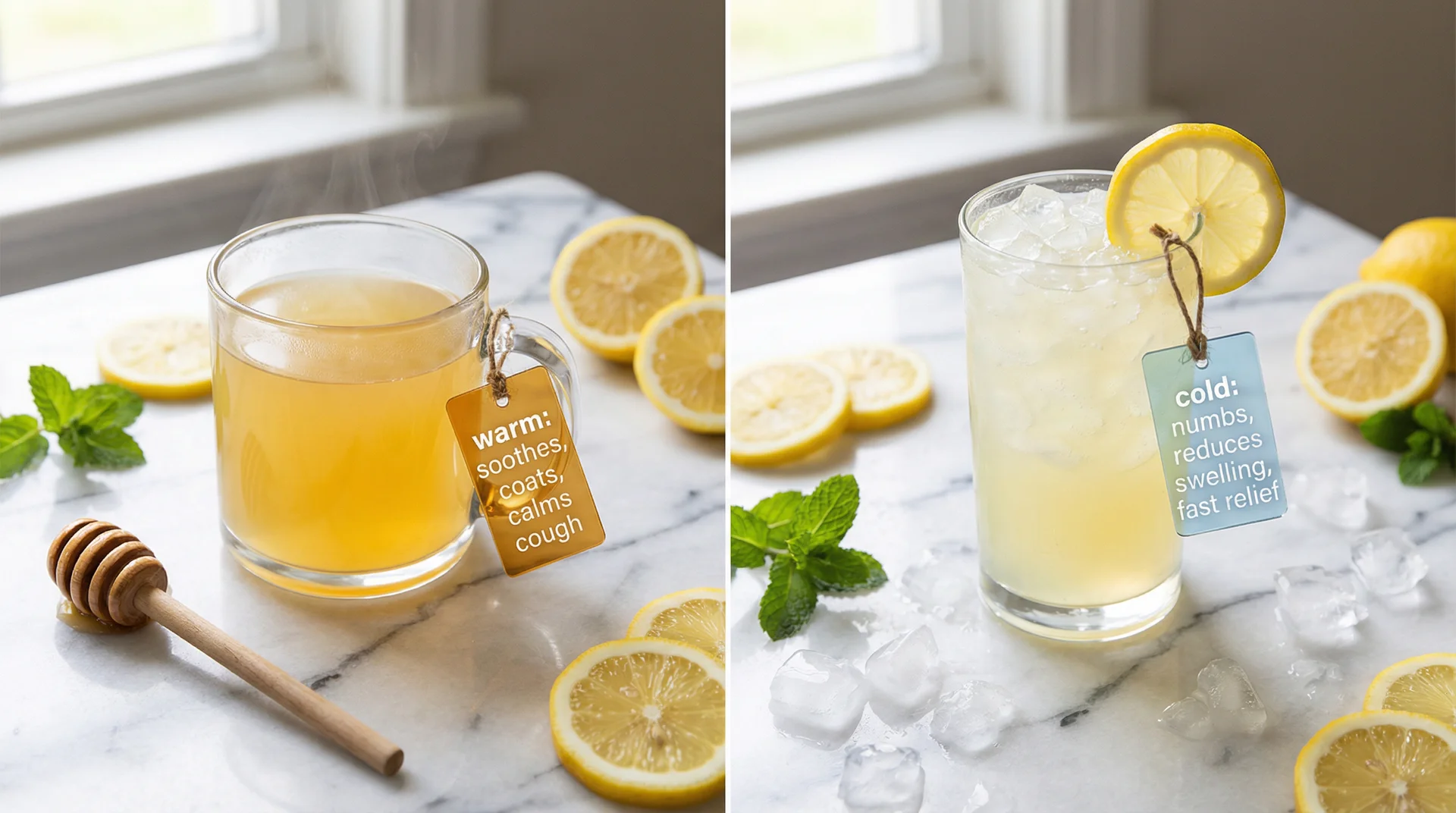 Warm vs cold lemonade for sore throat: warm glass with steam on left, iced lemonade on right, each labeled with benefits