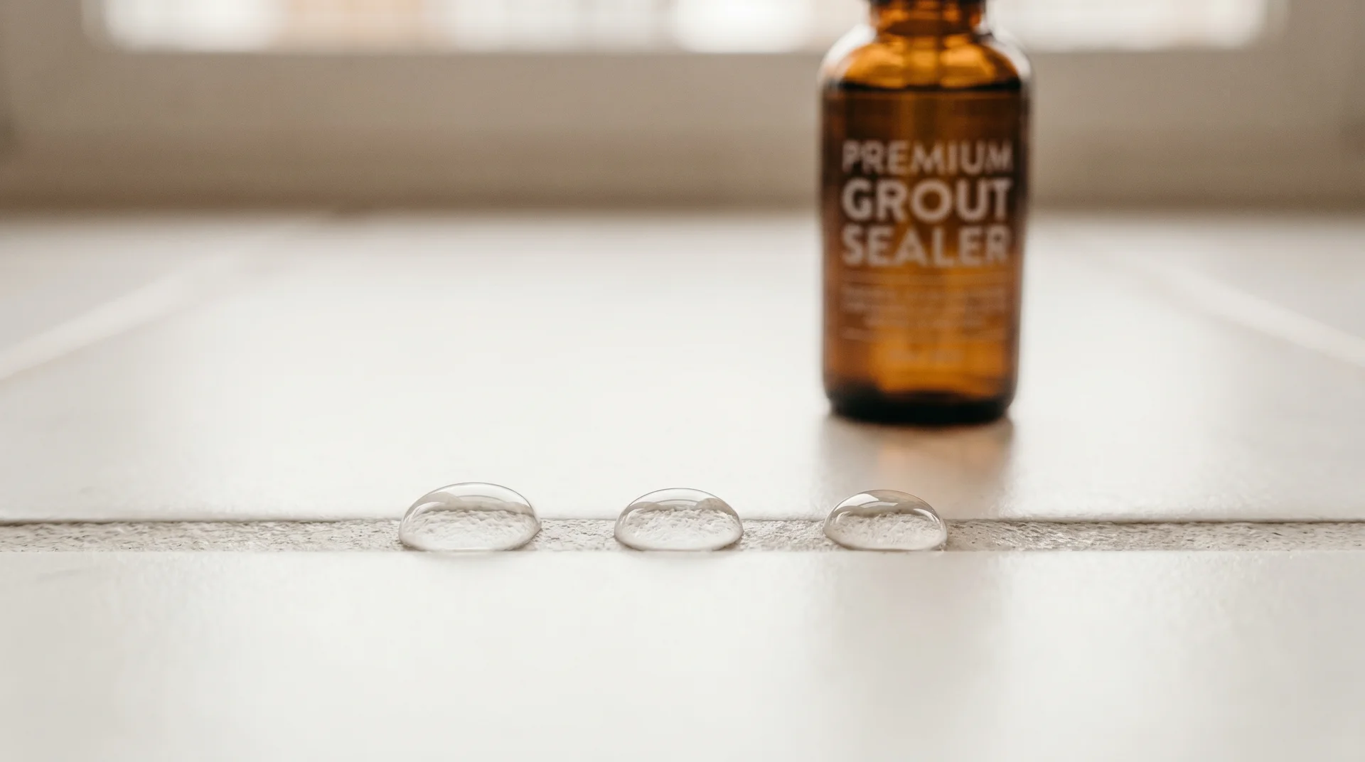 Water beading on sealed tile grout lines, showing the grout sealer is still active and repelling moisture.