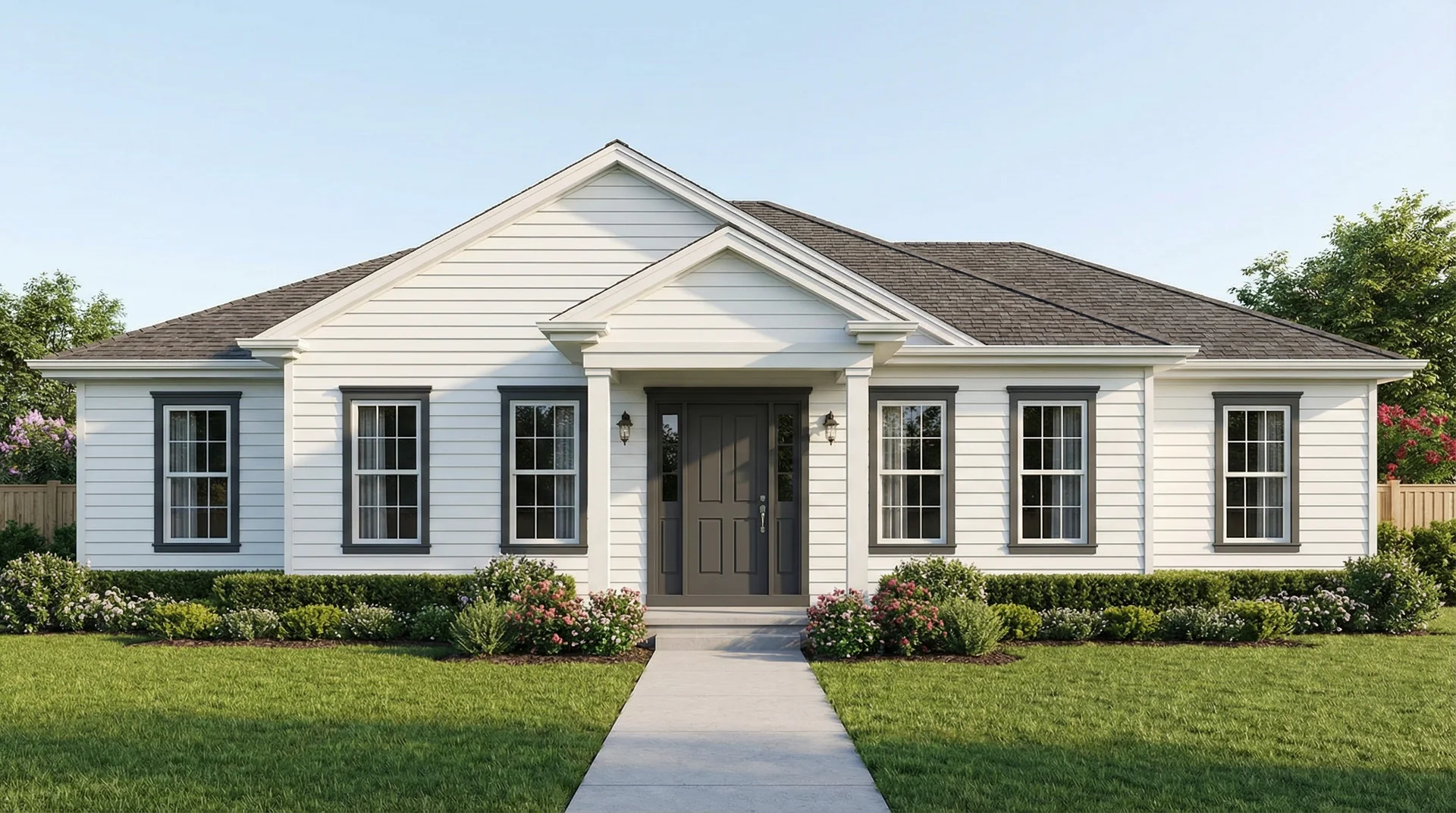 Well-maintained suburban home exterior with horizontal white vinyl lap siding and dark charcoal window trim