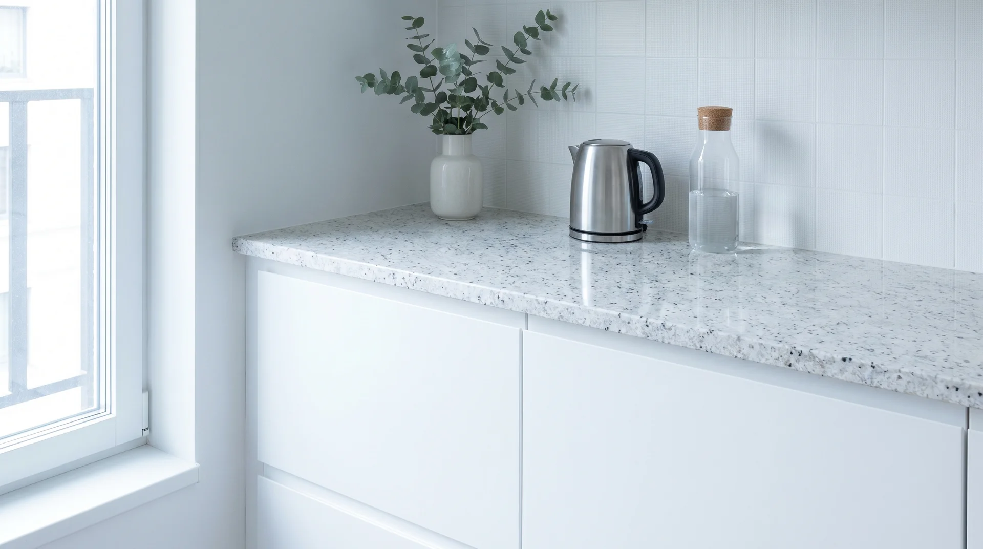 White Ice granite countertop with bright white base and fine gray speckling paired with white flat-panel cabinets
