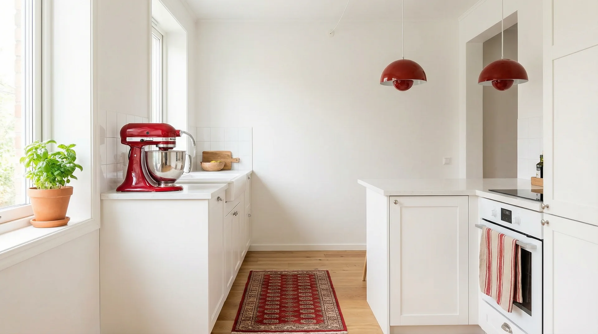 White rental kitchen styled with red KitchenAid mixer, red pendant shades, red rug, and terracotta herb pot for warmth without paint