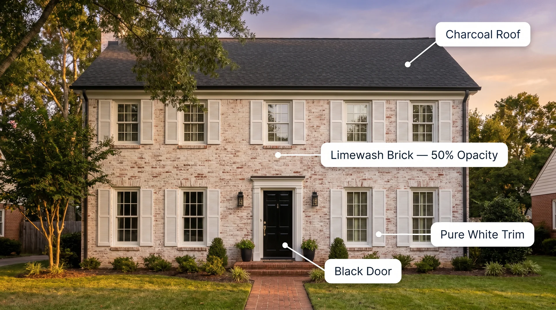 Whitewashed brick colonial home with labeled callouts for charcoal roof, Pure White trim, limewash brick, and black front door