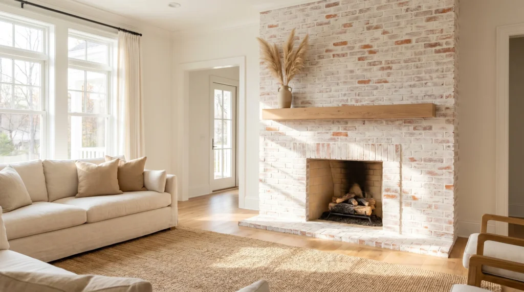 Whitewashed brick fireplace in a bright living room with white oak floors, linen sofa, and warm afternoon light