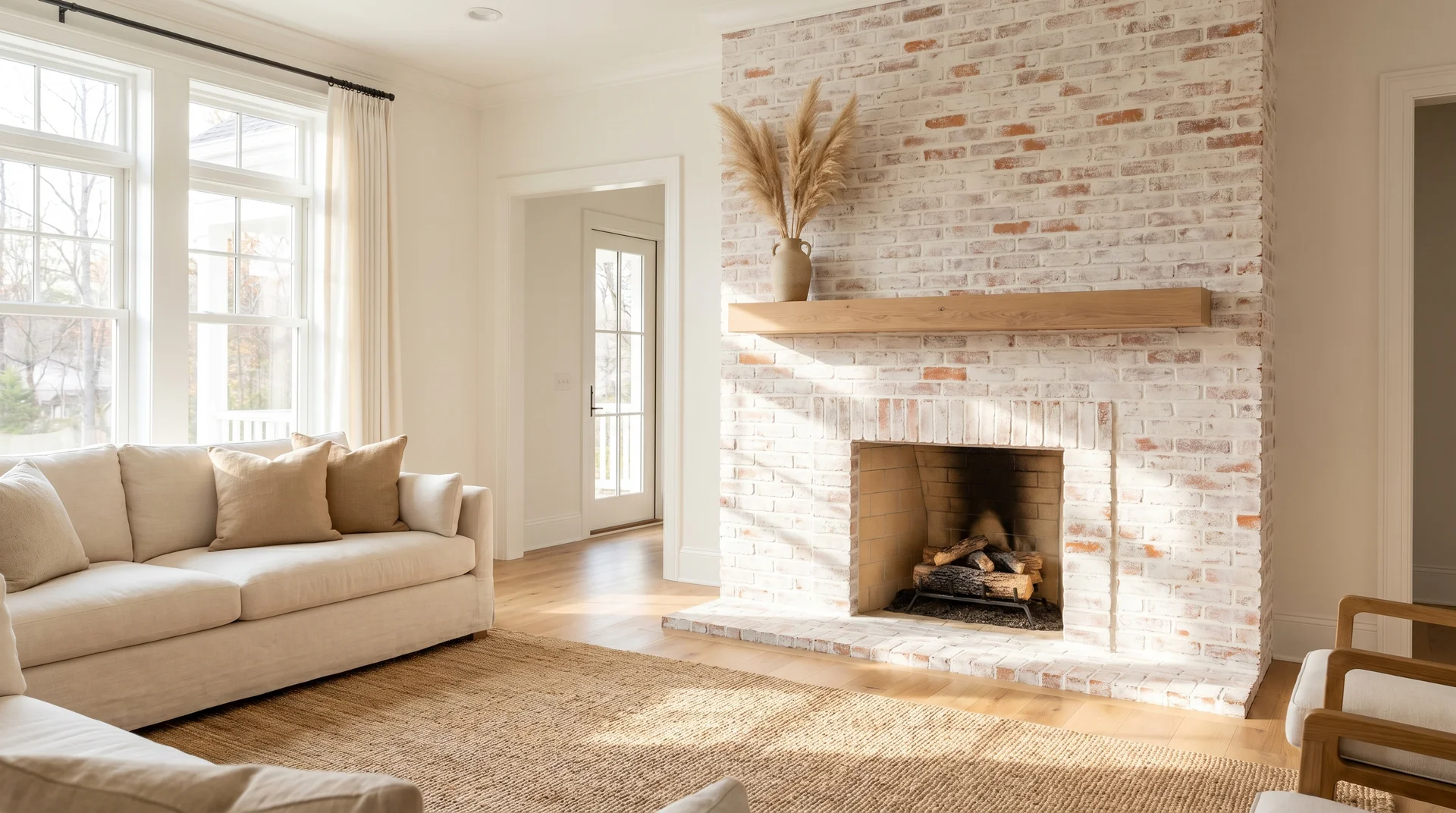 Whitewashed brick fireplace in a bright living room with white oak floors, linen sofa, and warm afternoon light