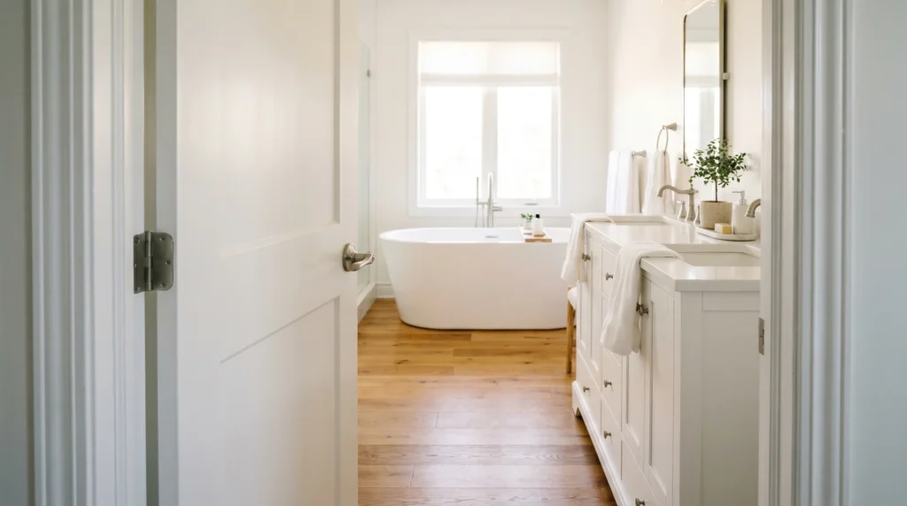 Wide open bathroom door leading into a bright primary bathroom with a freestanding tub and oak floors in warm morning light