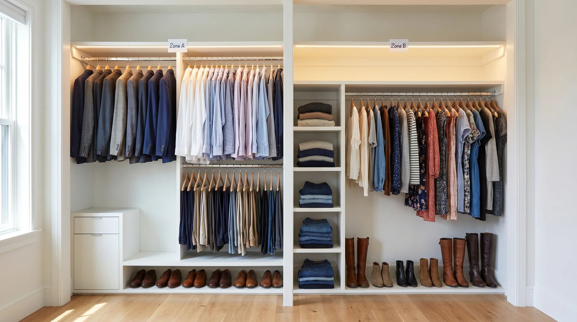 Wide reach-in closet split into two labeled zones showing how two people can share an 8-foot width without overlap