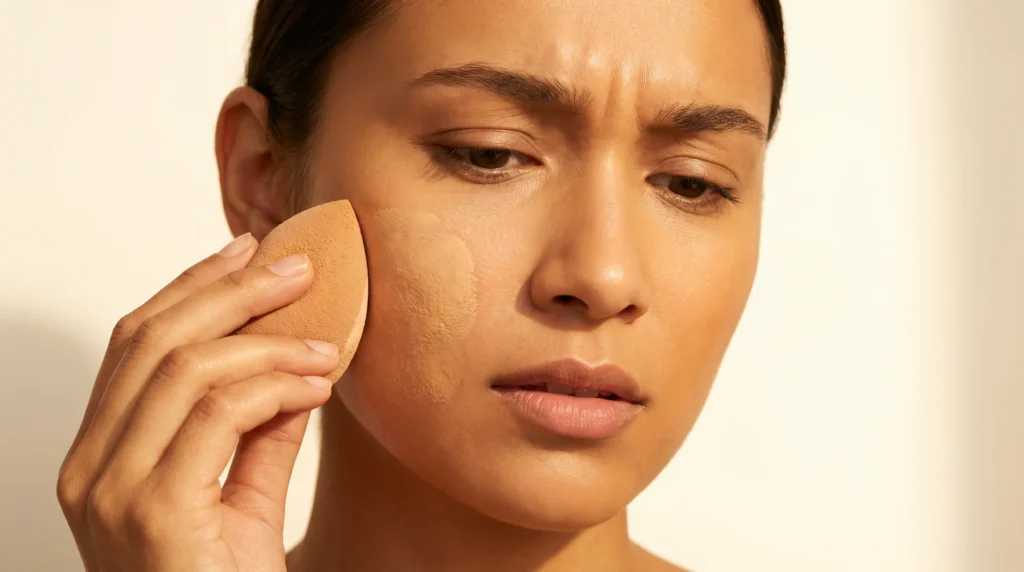 Woman applying liquid foundation with a beauty sponge examining patchy coverage on her cheek in warm studio light