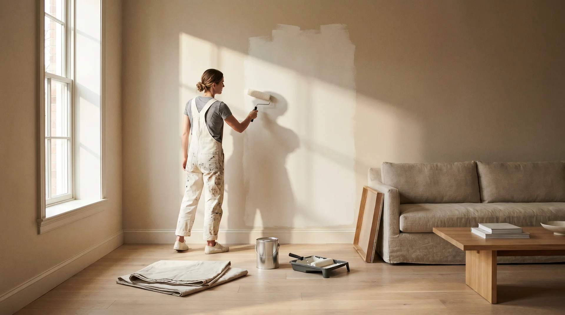 Woman applying paint to living room wall with roller during an interior painting project