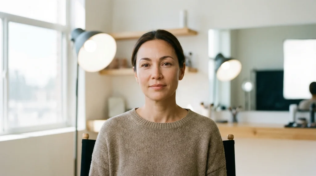 Woman in her 40s with naturally lifted, symmetrical brows in a makeup studio