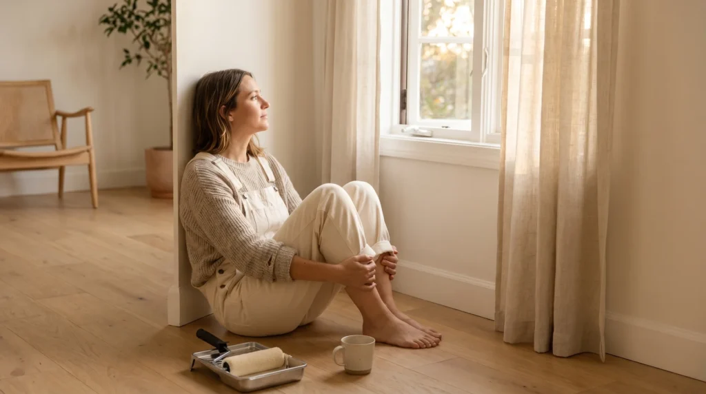 Woman resting on floor of freshly painted room, paint roller nearby, looking toward open window