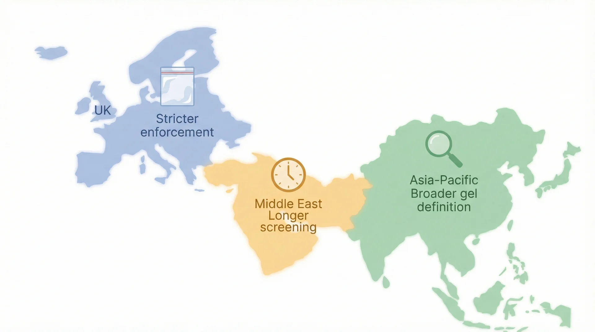 World map showing international airport security differences for lip products across UK, Middle East, and Asia