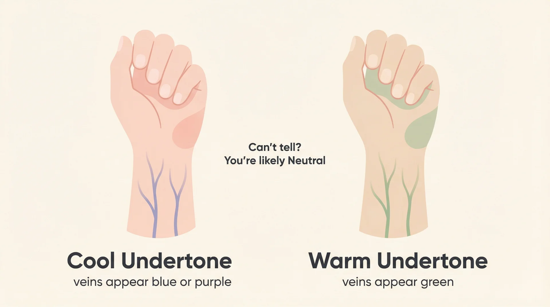 Wrist vein illustration showing blue-purple veins for cool undertone and green veins for warm undertone