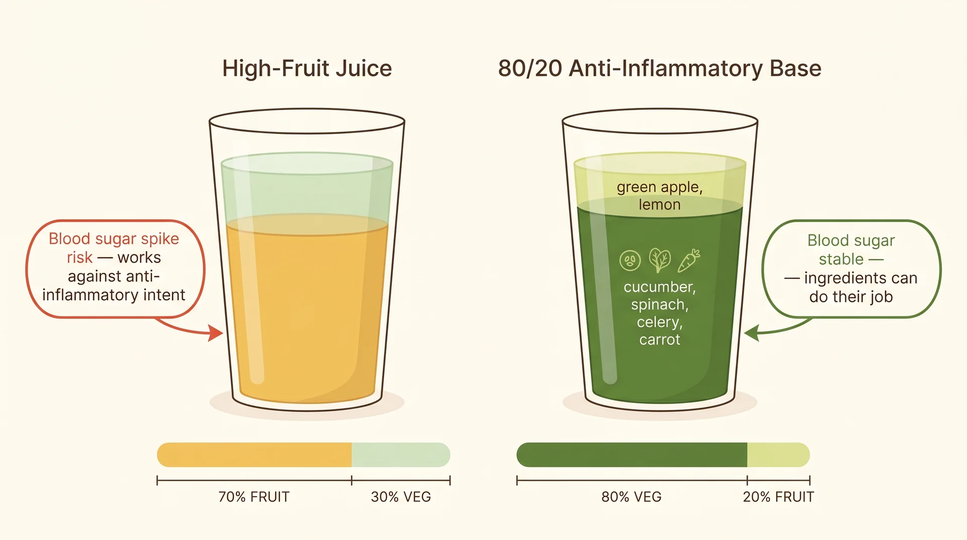 80/20 juice ratio diagram comparing high-fruit composition with blood sugar risk versus vegetable-forward anti-inflammatory base