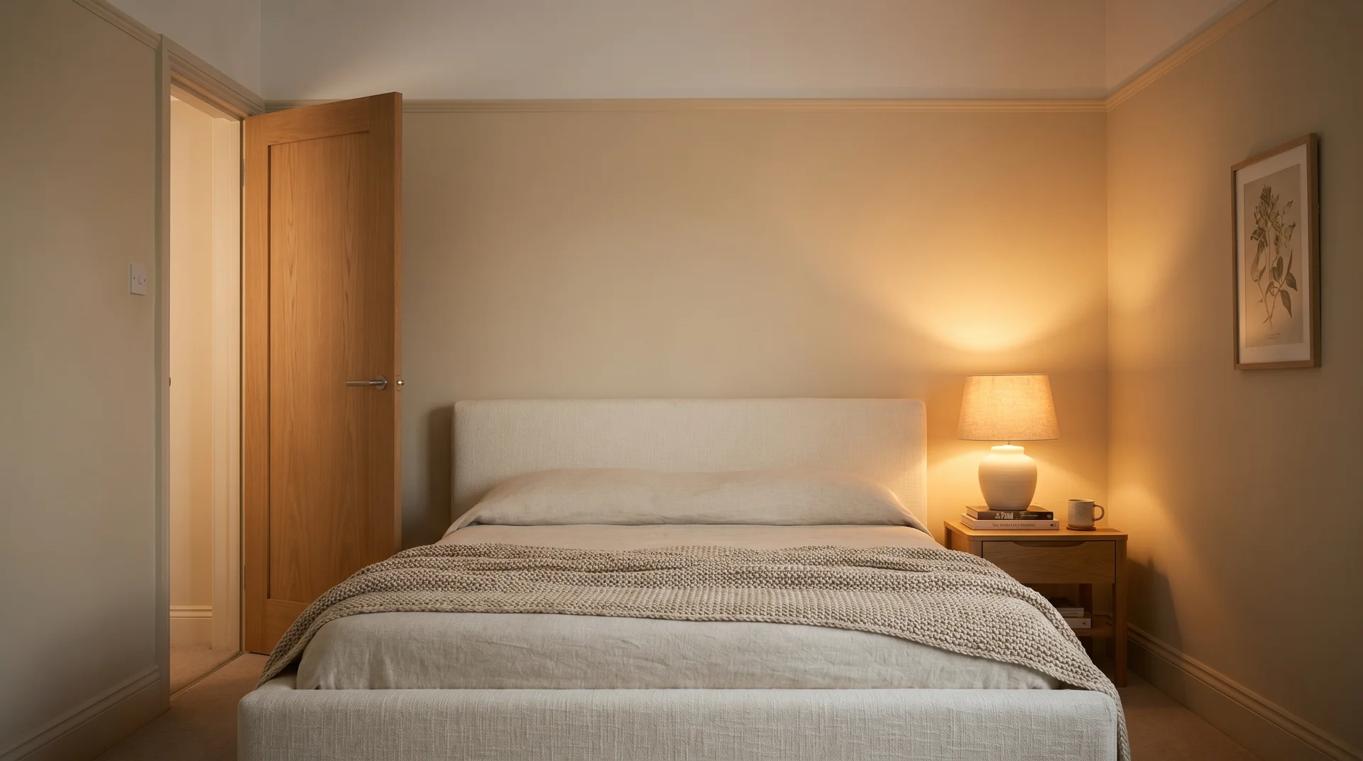 Accessible Beige bedroom walls in warm 2700K lamp light with linen bedding and oak nightstand in evening light
