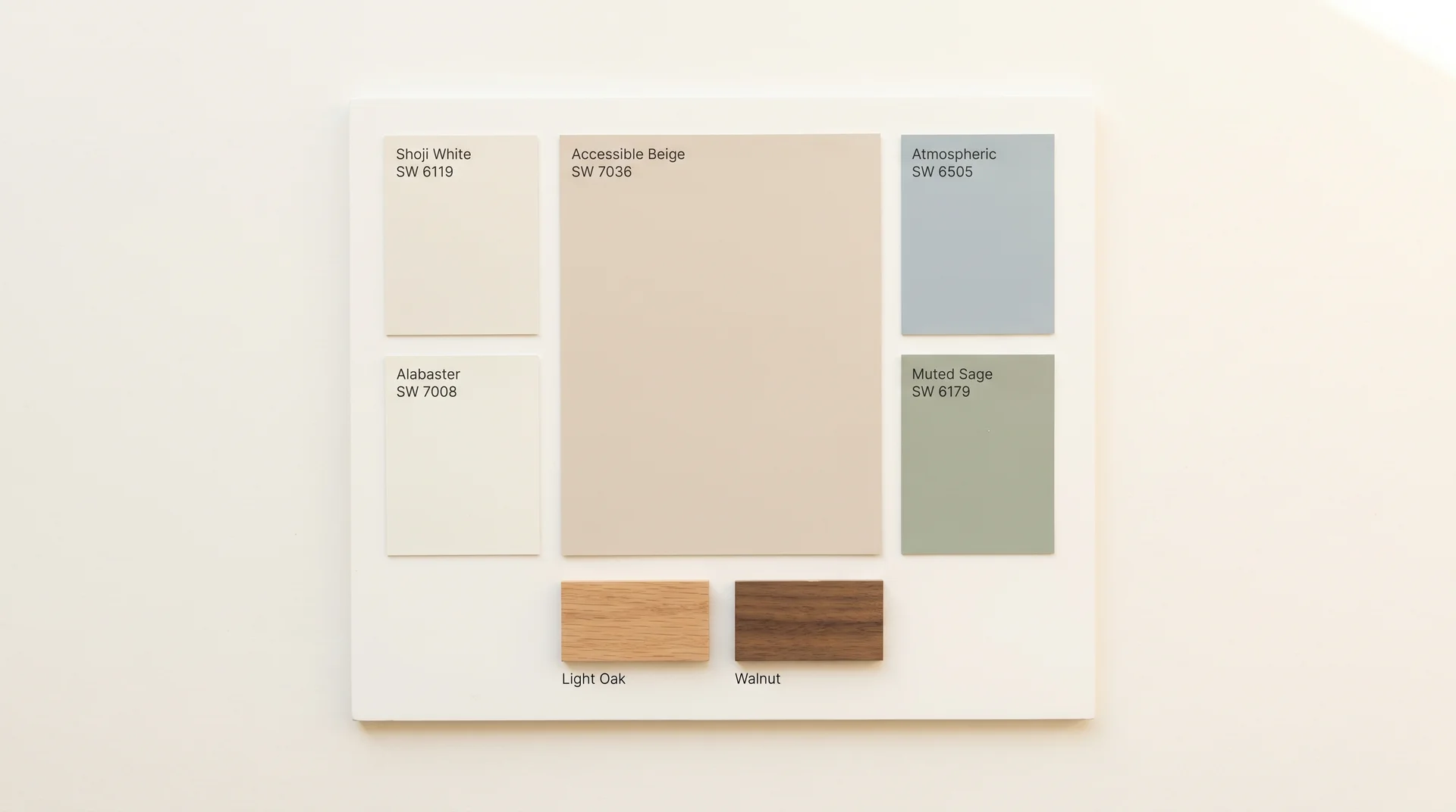 Accessible Beige color palette with Shoji White trim, Alabaster, Atmospheric blue-gray, and sage accent swatches
