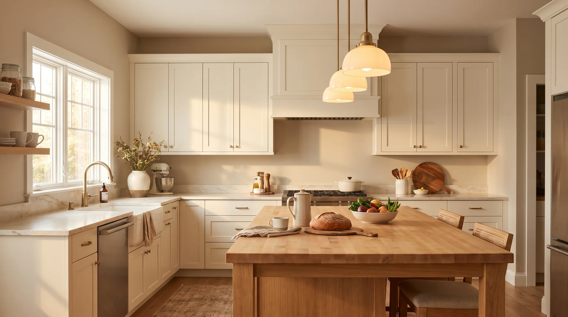 Accessible Beige kitchen walls with Alabaster Shaker cabinets, butcher block island, and warm stone countertops in natural light
