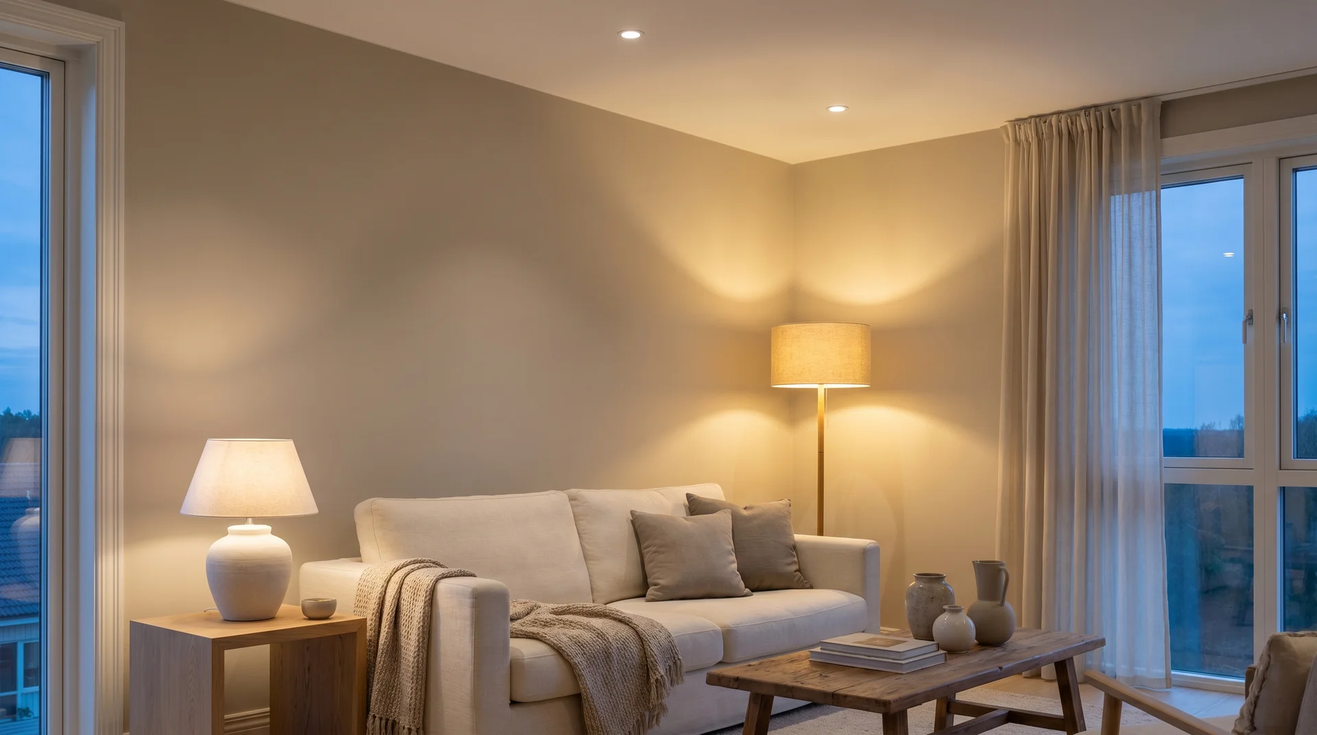 Accessible Beige living room with warm layered lighting, linen sofa, and light oak furniture in evening light
