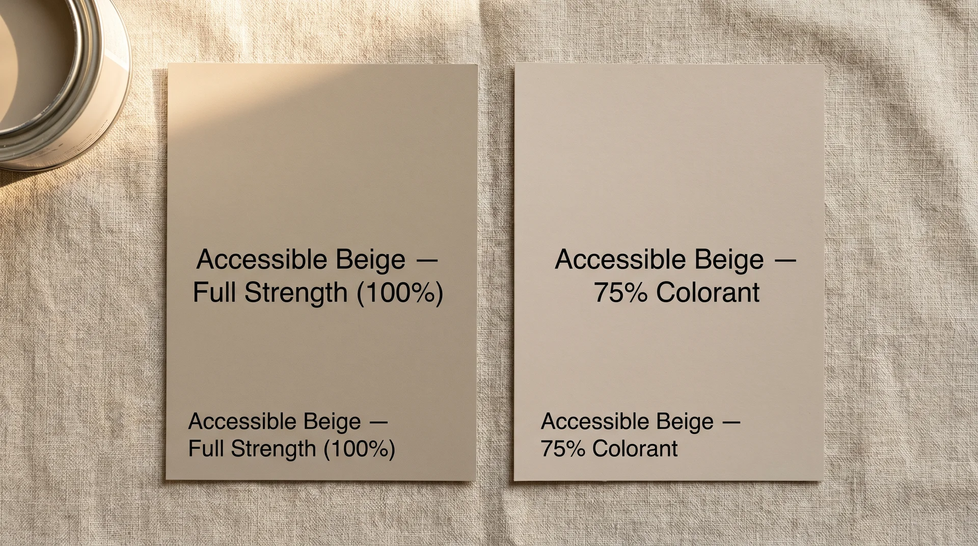 Accessible Beige paint swatch at full 100% strength compared to lighter 75% colorant reduction side by side
