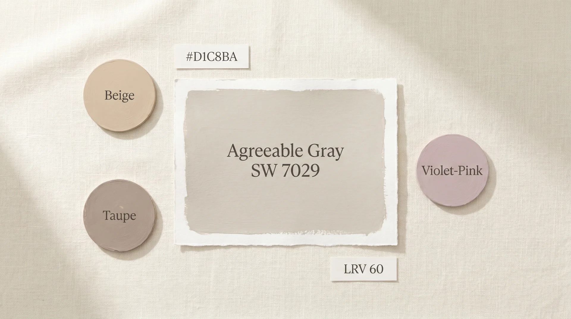 Agreeable Gray SW 7029 color specs flat lay showing hex code D1C8BA, LRV 60, and undertone swatches 