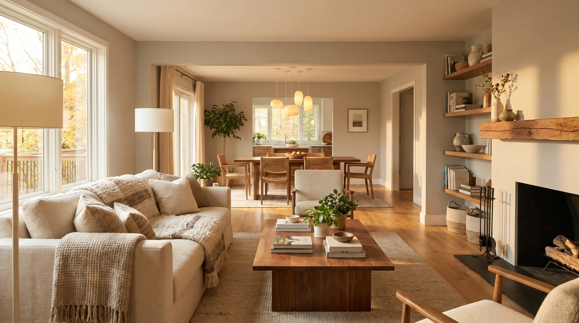 Agreeable Gray SW 7029 in an open-plan living and dining space showing the warm greige reading cohesively across both zones
