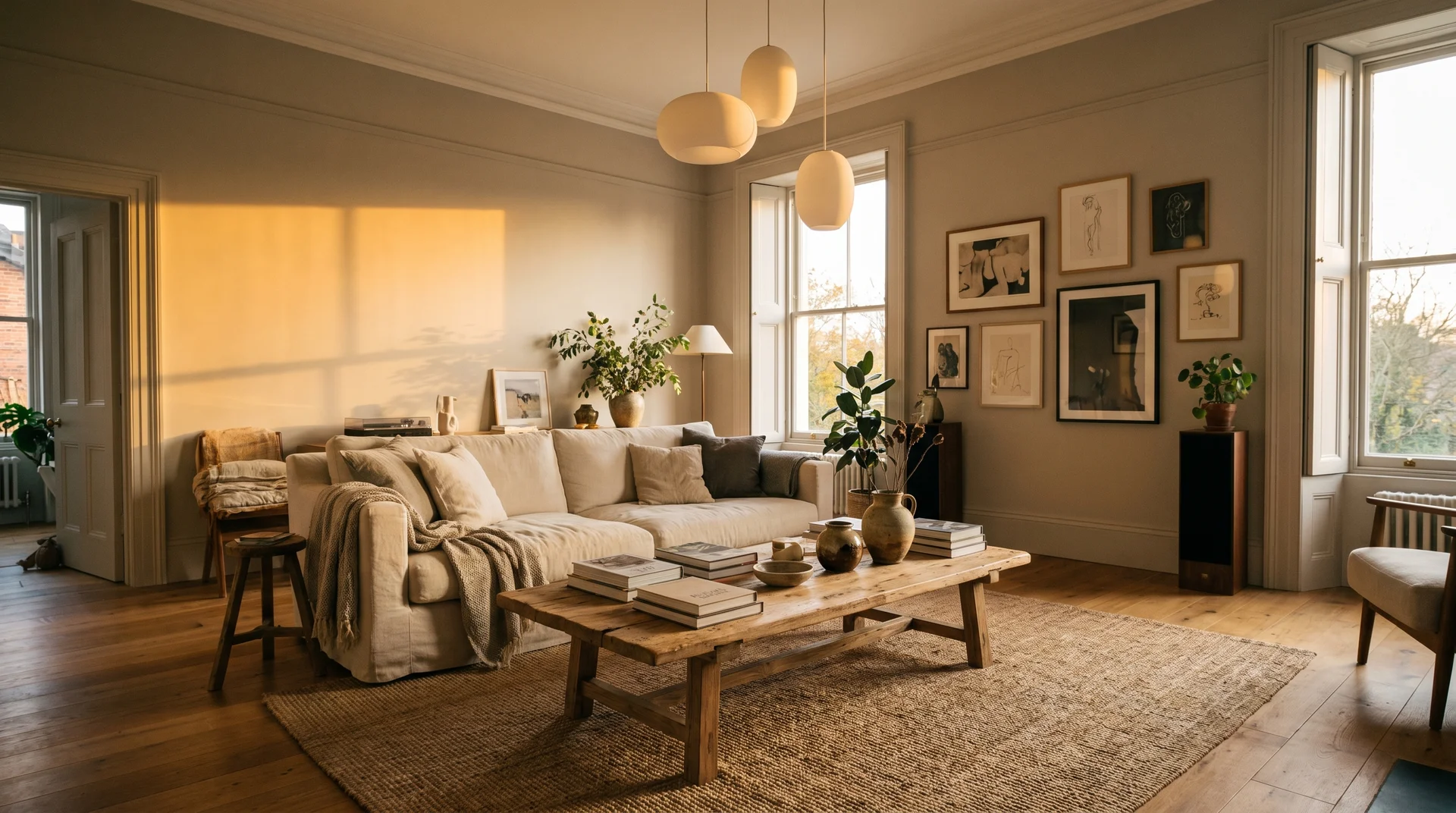 Agreeable Gray SW 7029 living room with warm oak floors, cream linen sofa, and afternoon light