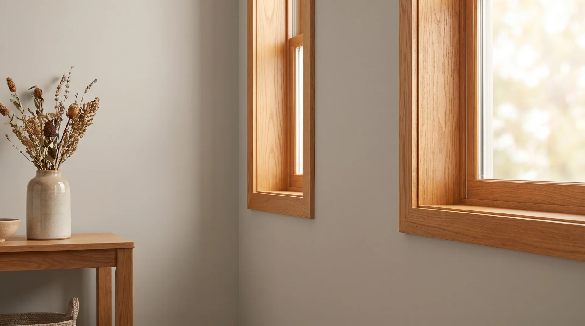 Agreeable Gray SW 7029 wall color meeting natural oak wood trim showing warm, harmonious undertone pairing 