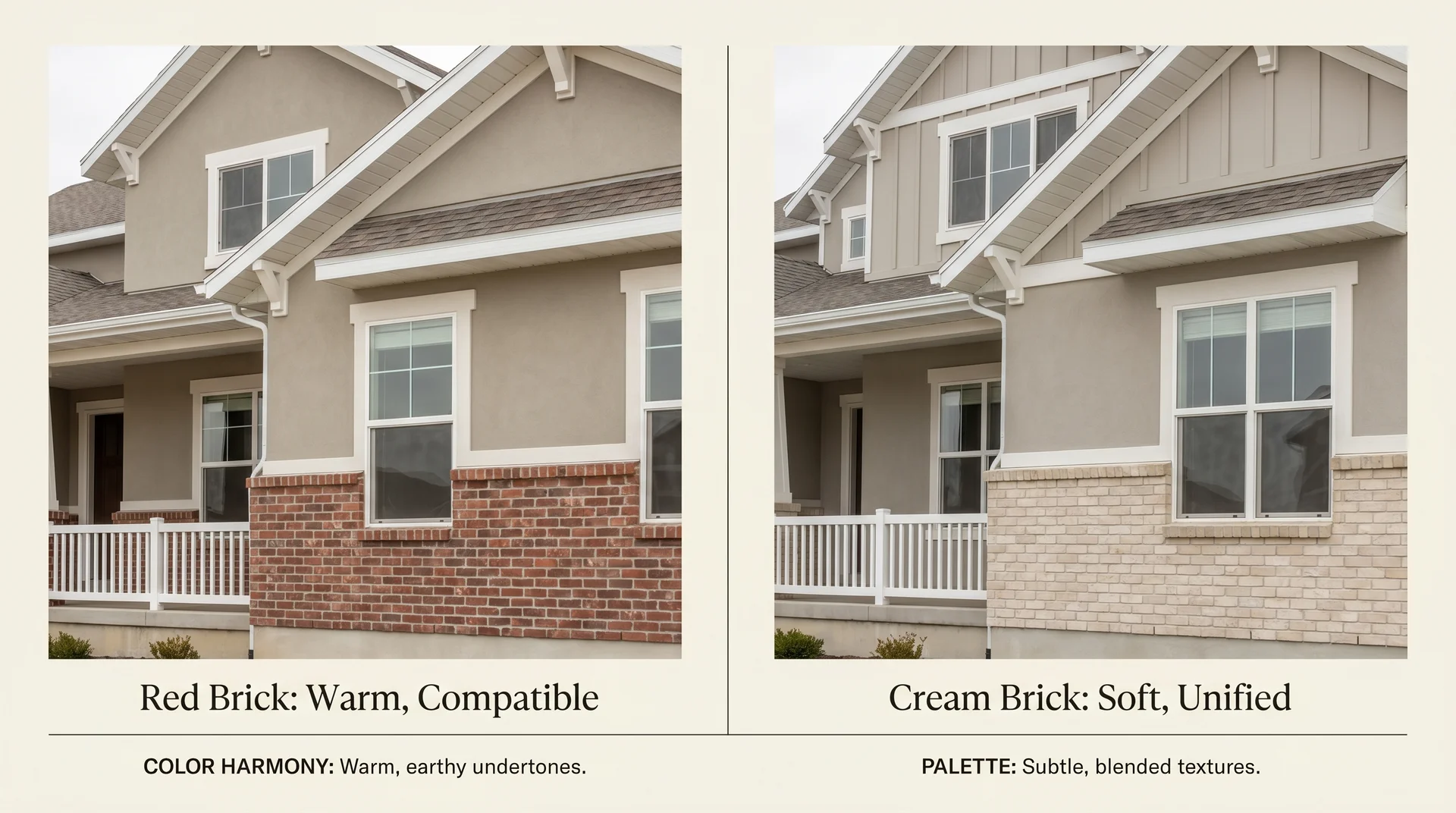 Agreeable Gray exterior paired with red brick left and cream buff brick right showing two compatible combinations