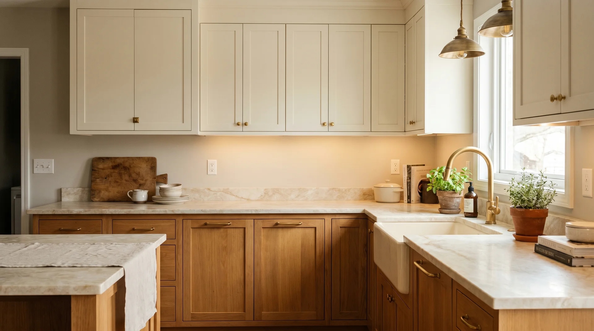 Agreeable Gray kitchen with warm wood cabinets, brass hardware, and cream countertop showing compatible warm-palette pairing