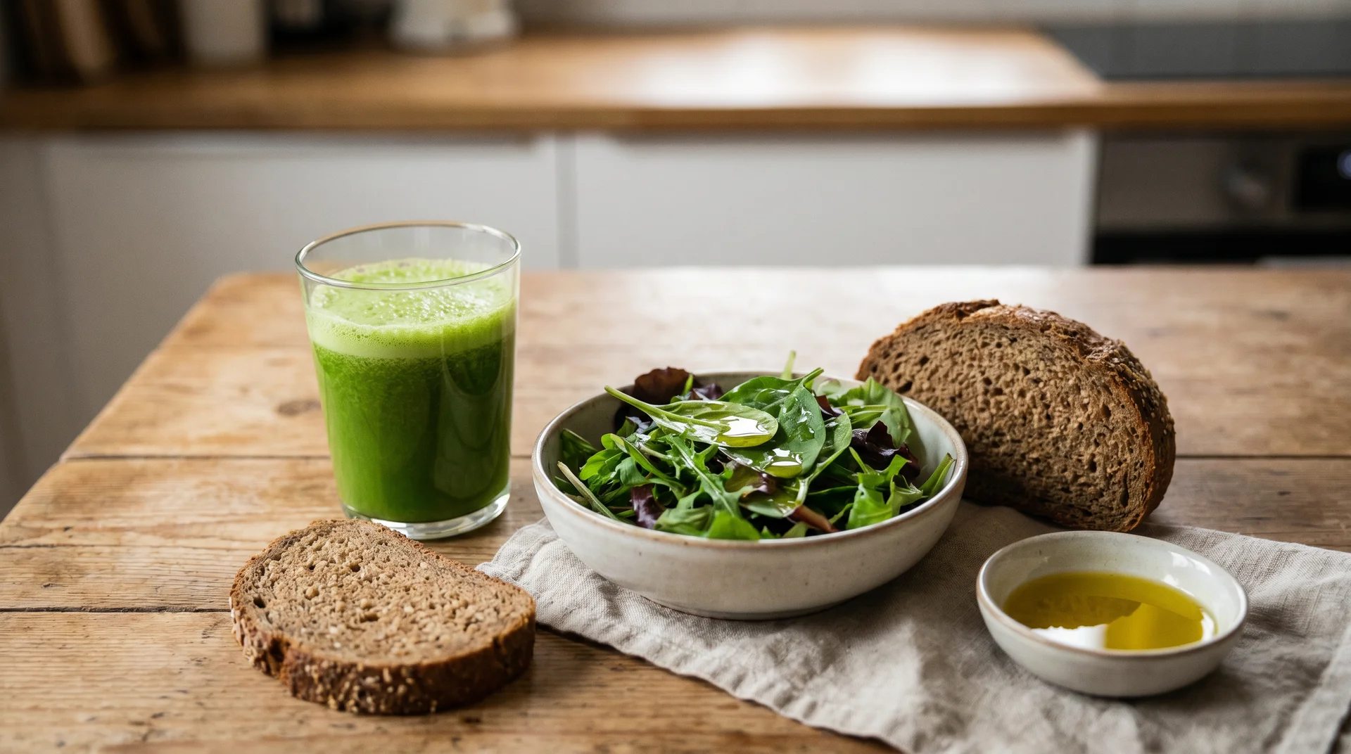 Anti-inflammatory green juice beside a simple whole-foods meal showing juice as one part of a broader anti-inflammatory diet