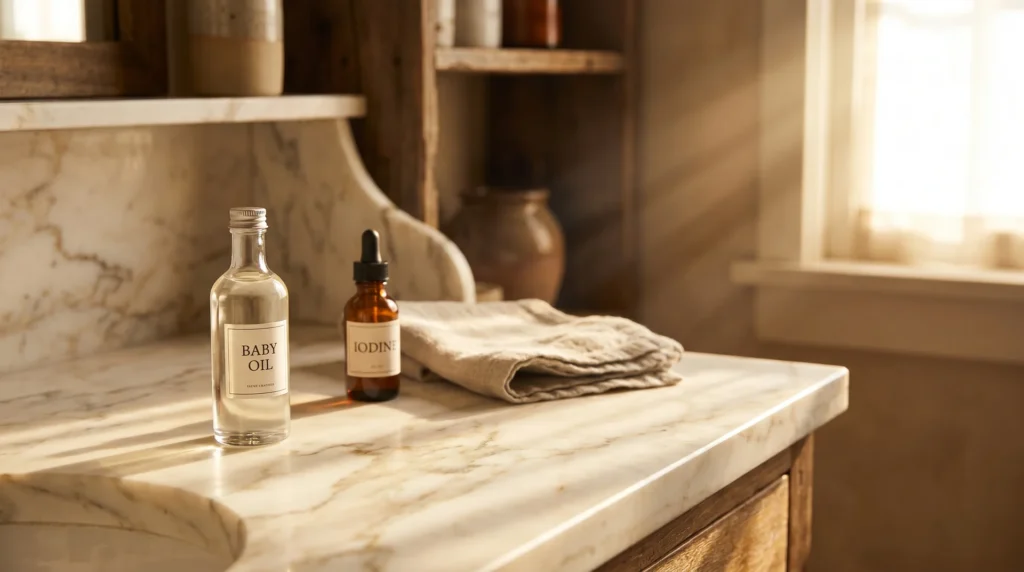 Baby oil and iodine bottles on a marble vanity — what the tanning mixture does to your skin
