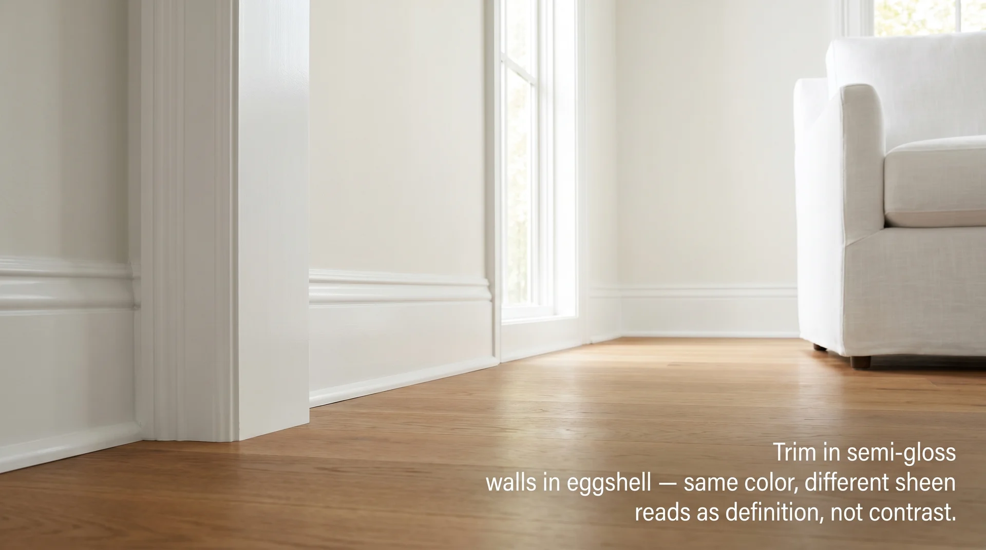 Baseboard and door casing in Chantilly Lace semi-gloss against eggshell wall showing how sheen creates definition between trim and wall