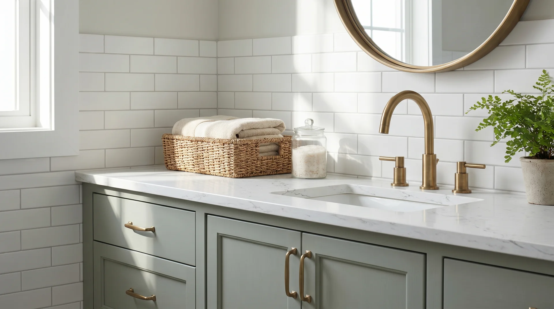 Bathroom vanity painted Evergreen Fog SW 9130 with white marble countertop and aged brass fixtures

