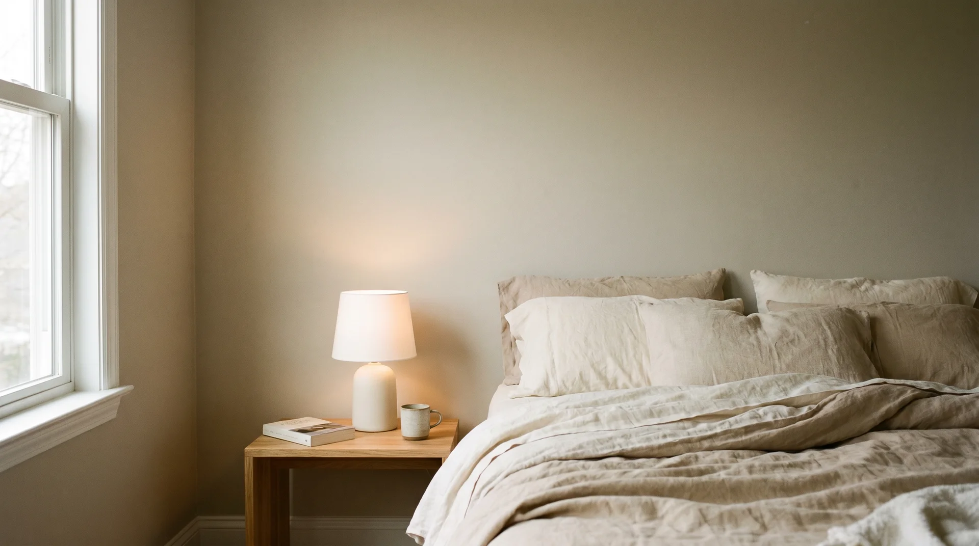 Bedroom with Benjamin Moore Pale Oak walls in warm morning light with linen bedding and natural wood nightstand

