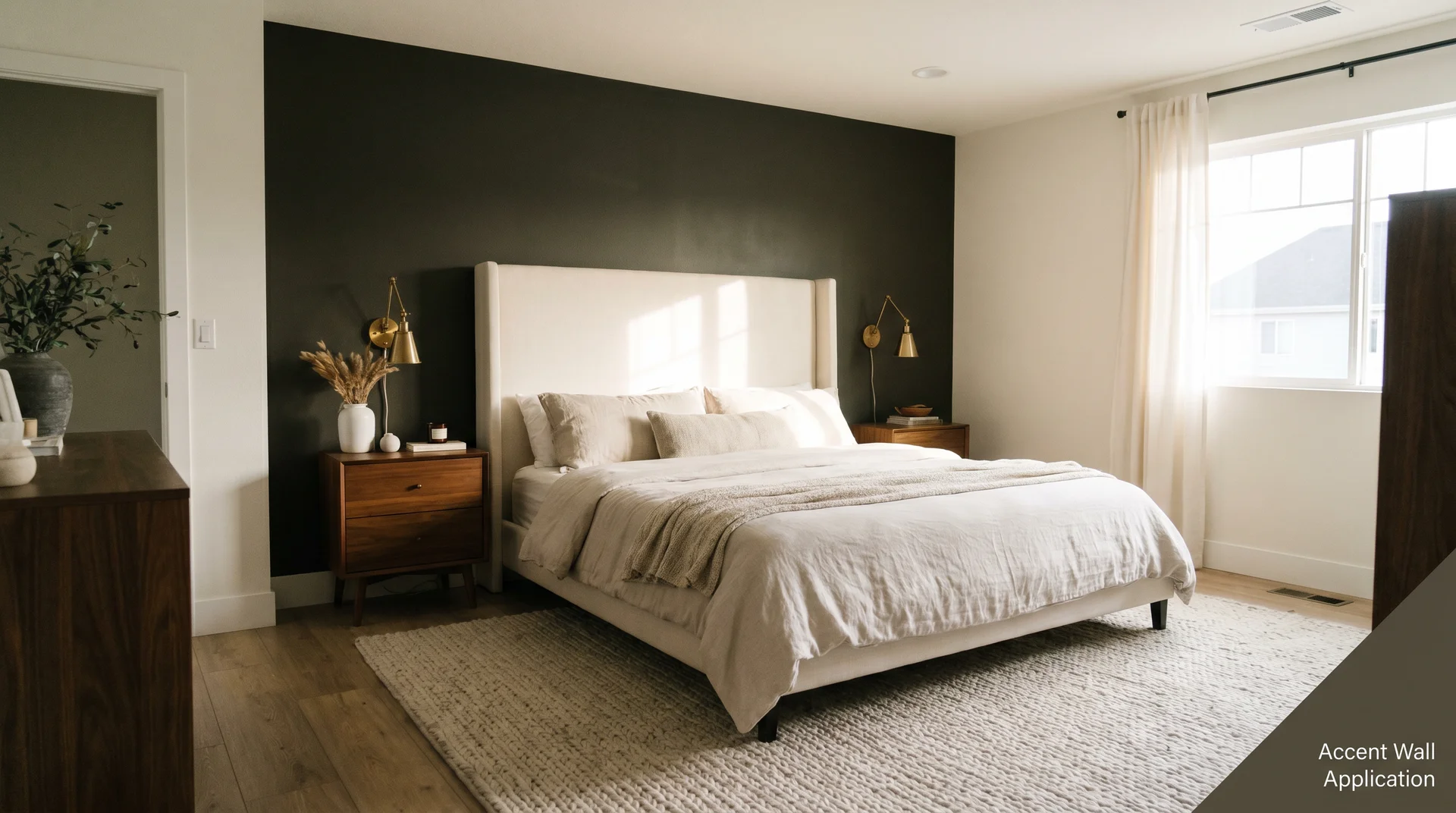 Bedroom with Urbane Bronze accent wall behind the bed