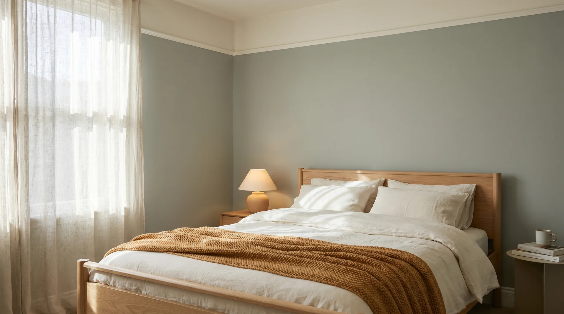 Bedroom with all four walls painted Evergreen Fog SW 9130, white oak furniture, and warm white bedding
