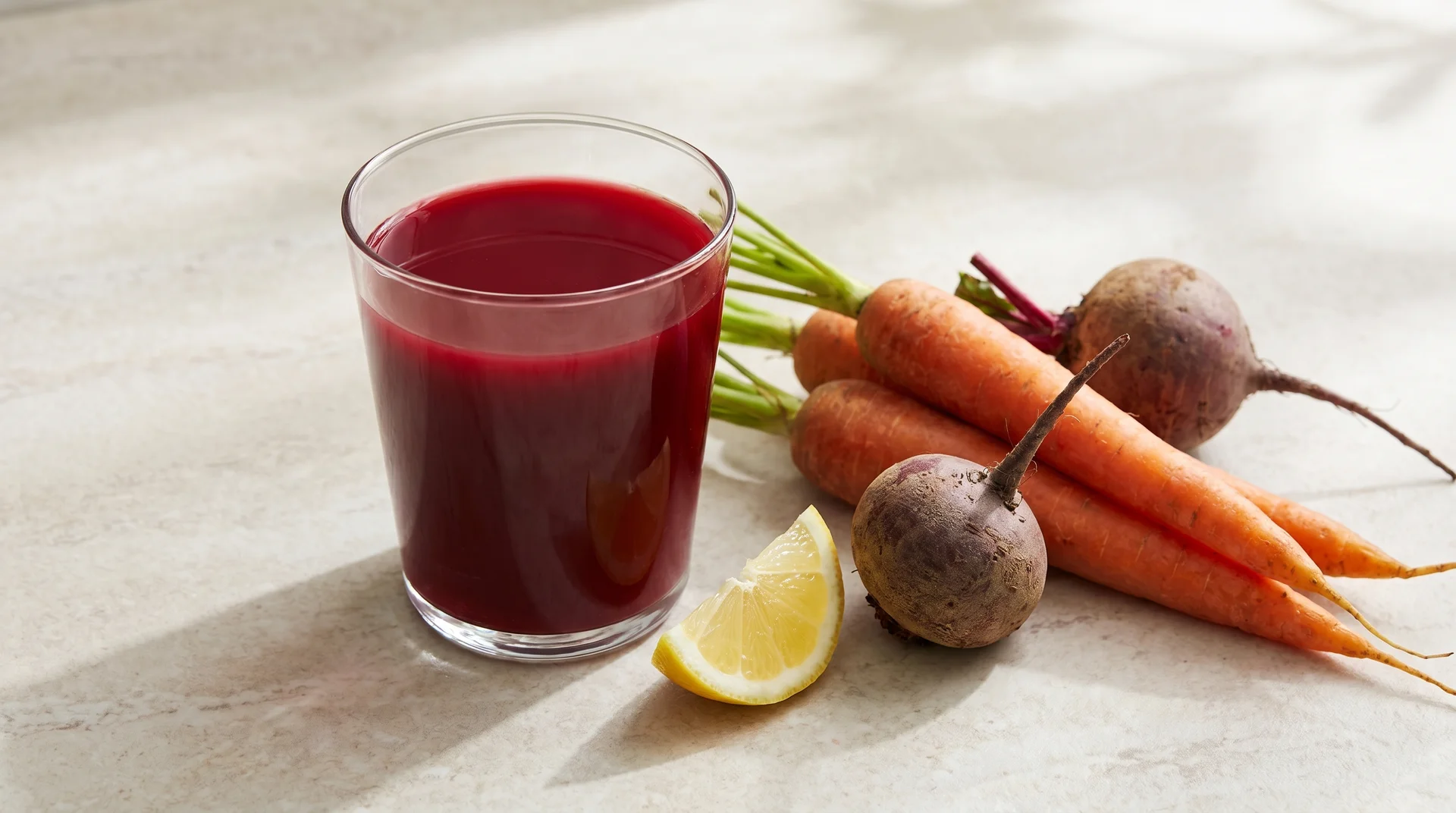 Beet and carrot cleanse juice in a clear glass beside fresh beets, carrots, and a lemon wedge