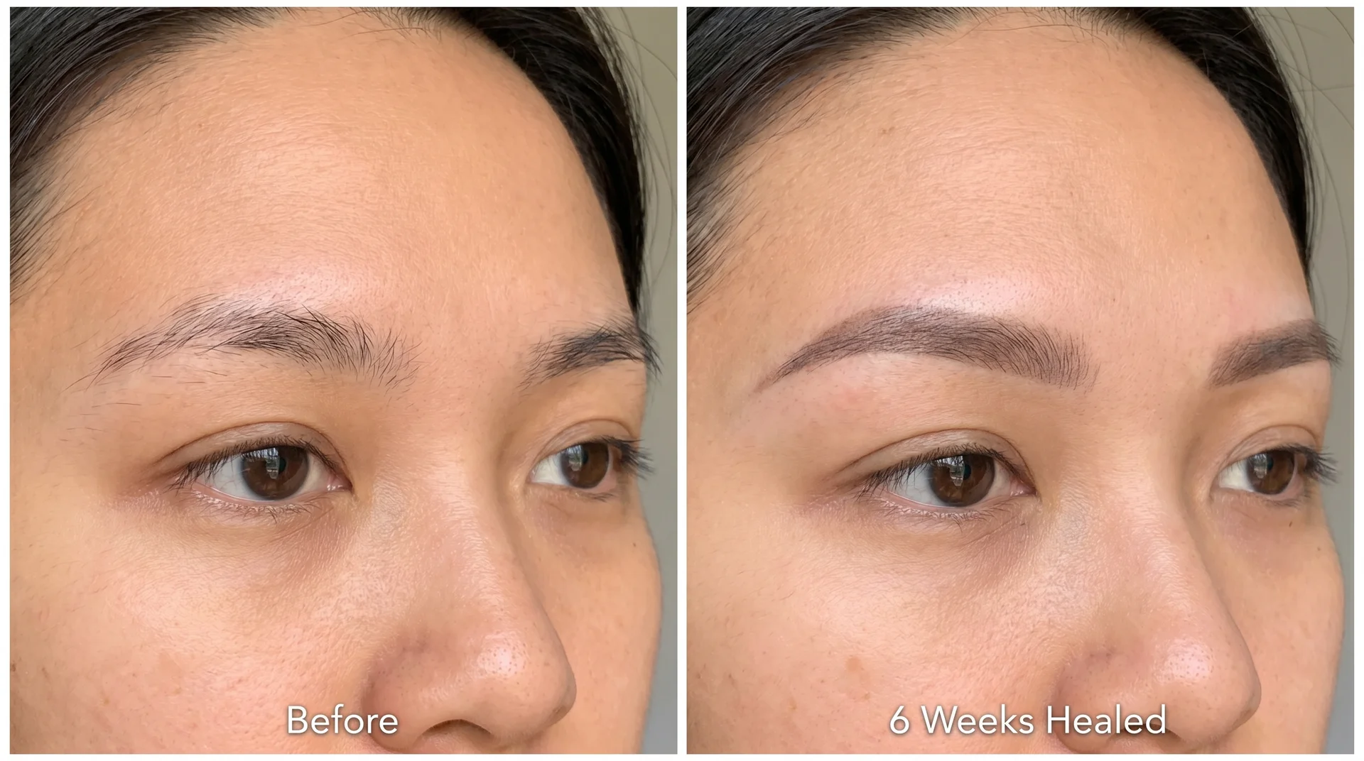 Before and after comparison of ombre powder brows showing sparse natural brows versus soft healed gradient result at six weeks