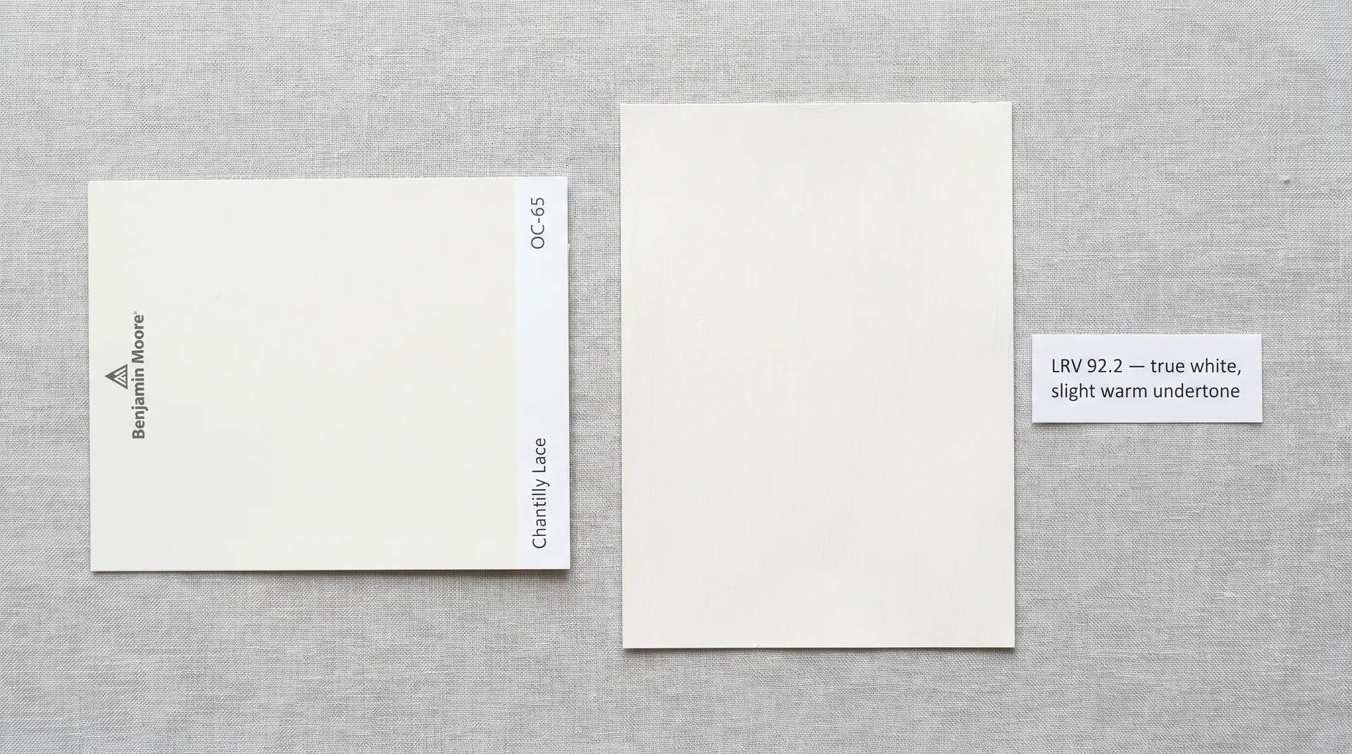 Benjamin Moore Chantilly Lace OC-65 paint chip and hand-painted swatch showing true white color with slight warm undertone