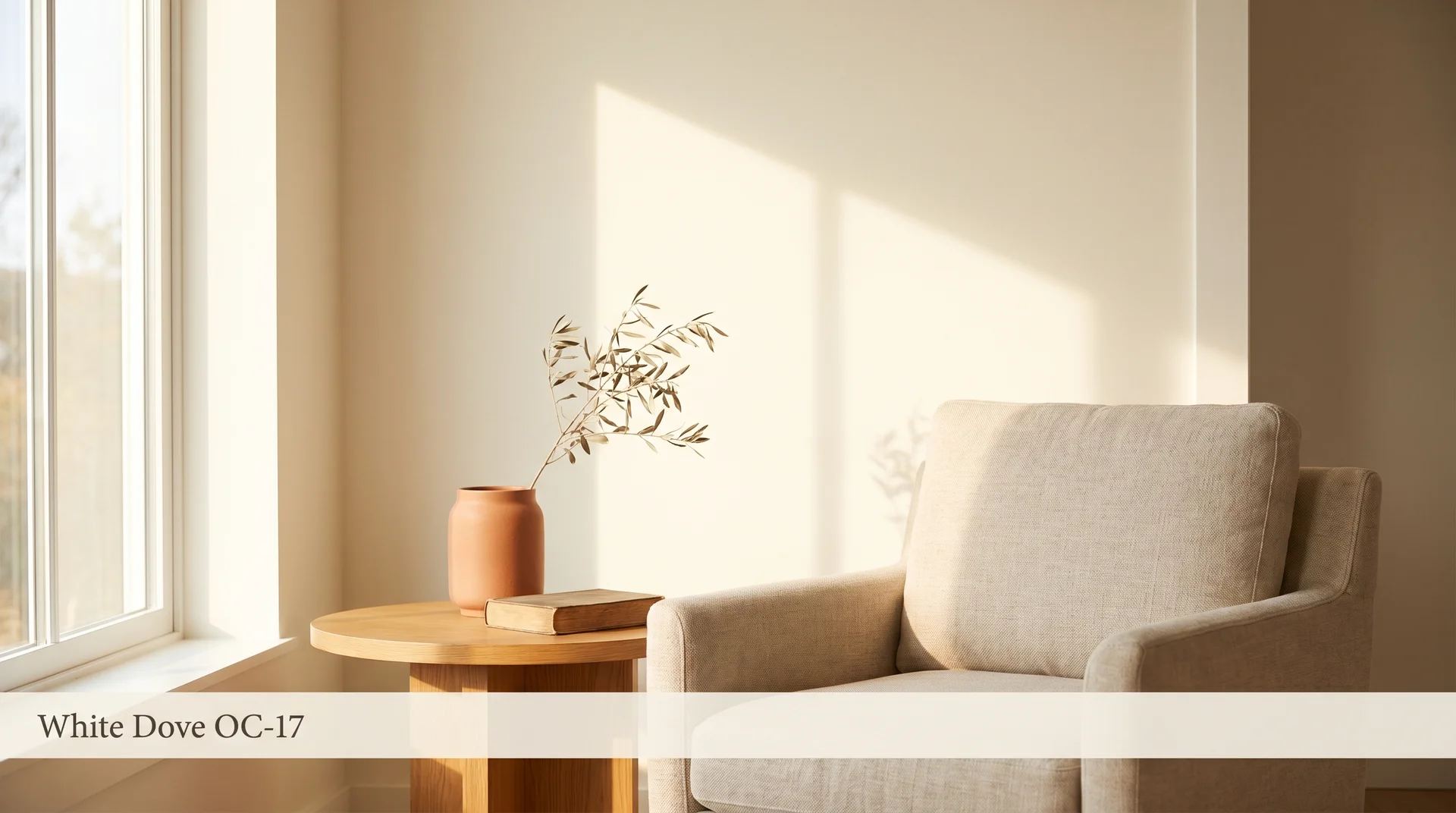 Benjamin Moore White Dove OC-17 paint color on a sunlit living room wall styled with linen and warm wood tones